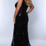 Tease Prom TE2303 Black, Plus Size fitted dress with all over sequins, V-neck, with matching V-back and thick bra-friendly straps