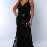 Tease Prom TE2303 Black, Plus Size fitted dress with all over sequins, V-neck, with matching V-back and thick bra-friendly straps