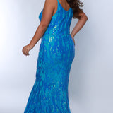 Tease Prom TE2307 ocean blue. Slim A-line silhouette with a scoop neckline and ½ inch straps covered in lace. Scoop back and a center back zipper. Sequins over stretch knit 5 inch train 2 inch horsehair hem. 