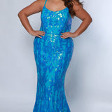 Tease Prom TE2307 ocean blue. Slim A-line silhouette with a scoop neckline and ½ inch straps covered in lace. Scoop back and a center back zipper. Sequins over stretch knit 5 inch train 2 inch horsehair hem. 