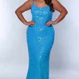 Tease Prom TE2401 Ocean Blue. Scoop neckline, slim fitted silhouette, all over sequin, horse hair hem, sequin covered straps. 