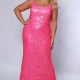 Tease Prom TE2401 Hot pink. Scoop neckline, slim fitted silhouette, all over sequin, horse hair hem, sequin covered straps. 