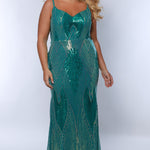 Tease Prom TE2402 Green. Gold and green sequin detail, slim silhouette, straps, natural waistline, v-neckline.