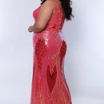Tease Prom TE2402 Magenta. Gold and Magenta sequin detail, slim silhouette, straps, natural waistline, v-neckline.
