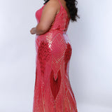 Tease Prom TE2402 Magenta. Gold and Magenta sequin detail, slim silhouette, straps, natural waistline, v-neckline.