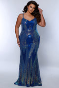 Tease Prom TE2402 Royal. Gold and royal blue sequin detail, slim silhouette, straps, natural waistline, v-neckline. 