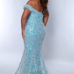 Tease Prom TE2403 Blue. Off the shoulder with detachable feathers on the straps, all over sequin detail, sweetheart neckline, fitted silhouette.
