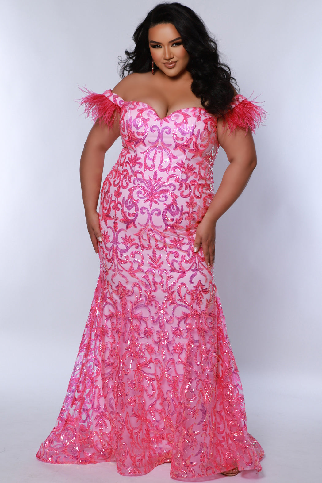 Tease Prom TE2403 Pink. Off the shoulder with detachable feathers on the straps, all over sequin detail, sweetheart neckline, fitted silhouette. 