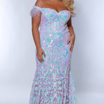Tease Prom TE2403 Light purple. Off the shoulder with detachable feathers on the straps, all over sequin detail, sweetheart neckline, fitted silhouette. 