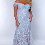 Tease Prom TE2403 Light purple. Off the shoulder with detachable feathers on the straps, all over sequin detail, sweetheart neckline, fitted silhouette. 