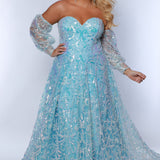 Tease Prom TE2404 Ice Blue. A-line, sweetheart neckline, sequin detail all over, bicep to wrist puff sleeves with a 4 inch cuff.