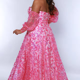 Tease Prom TE2404 Flamingo Pink. A-line, sweetheart neckline, sequin detail all over, bicep to wrist puff sleeves with a 4 inch cuff.