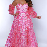 Tease Prom TE2404 Flamingo Pink. A-line, sweetheart neckline, sequin detail all over, bicep to wrist puff sleeves with a 4 inch cuff. 