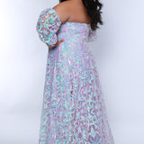 Tease Prom TE2404 Lavender. A-line, sweetheart neckline, sequin detail all over, bicep to wrist puff sleeves with a 4 inch cuff.