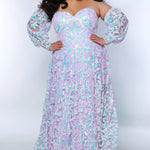 Tease Prom TE2404 Lavender. A-line, sweetheart neckline, sequin detail all over, bicep to wrist puff sleeves with a 4 inch cuff.