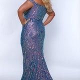 Tease Prom TE2405 Steel Blue. Off the shoulder, multi dimensional sequins, fitted silhouette, horse hair hem.