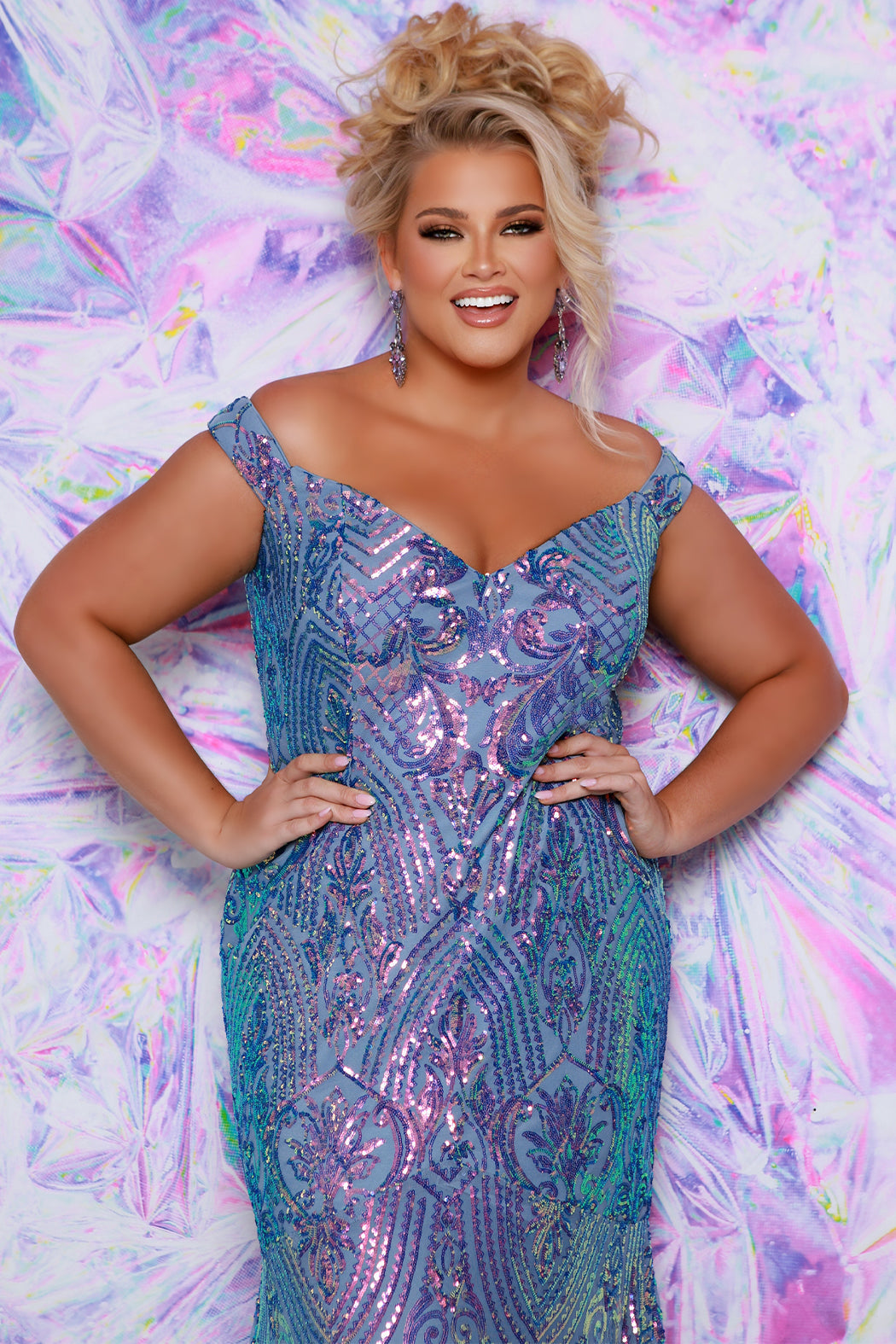 Tease Prom TE2405 Steel Blue. Off the shoulder, multi dimensional sequins, fitted silhouette, horse hair hem.