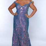 Tease Prom TE2405 Steel Blue. Off the shoulder, multi dimensional sequins, fitted silhouette, horse hair hem. 