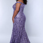 Tease Prom TE2405 Lilac purple. Off the shoulder, purple sequins, fitted silhouette, horse hair hem.