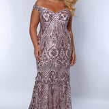 Tease Prom TE2405 Mauve. Off the shoulder, dark mauve sequins, fitted silhouette, horse hair hem.