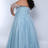 Tease Prom TE2406 Bluejay. Full A-line skirt, 3-D embellished bodice, glitter tulle, drape glitter tulle sleeves, rolled satin straps, floor length.