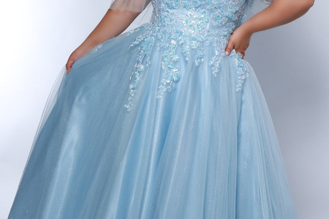 Tease Prom TE2406 Bluejay. Full A-line skirt, 3-D embellished bodice, glitter tulle, drape glitter tulle sleeves, rolled satin straps, floor length.