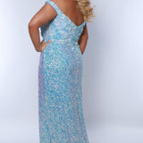 Tease Prom TE2407 Blue Ice. Off the shoulder, modified v-neckline, 3-D floral embellishments on bodice, all over iridescent sequins, floor length, center back zipper.