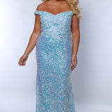 Tease Prom TE2407 Blue Ice. Off the shoulder, modified v-neckline, 3-D floral embellishments on bodice, all over iridescent sequins, floor length, center back zipper.