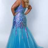 Tease prom TE2409 Sky. Mermaid silhouette, scoop neckline, tulle mermaid skirt, multidimensional sequins, sequin covered straps, center back zipper.