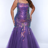 Tease prom TE2409 Purple. Mermaid silhouette, scoop neckline, tulle mermaid skirt, multidimensional sequins, sequin covered straps, center back zipper.