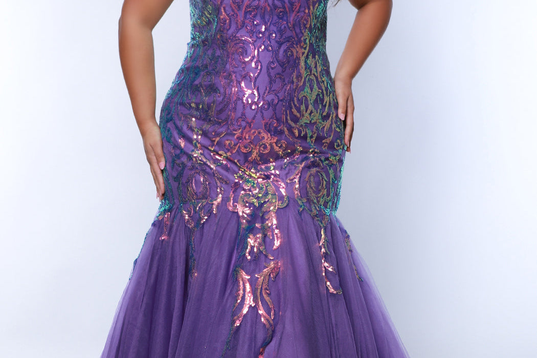 Tease prom TE2409 Purple. Mermaid silhouette, scoop neckline, tulle mermaid skirt, multidimensional sequins, sequin covered straps, center back zipper.