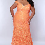Tease Prom TE2411 Bright Orange. Off the shoulders, sweetheart neckline, fit and flair silhouette, tone on tone sequin detail all over. 