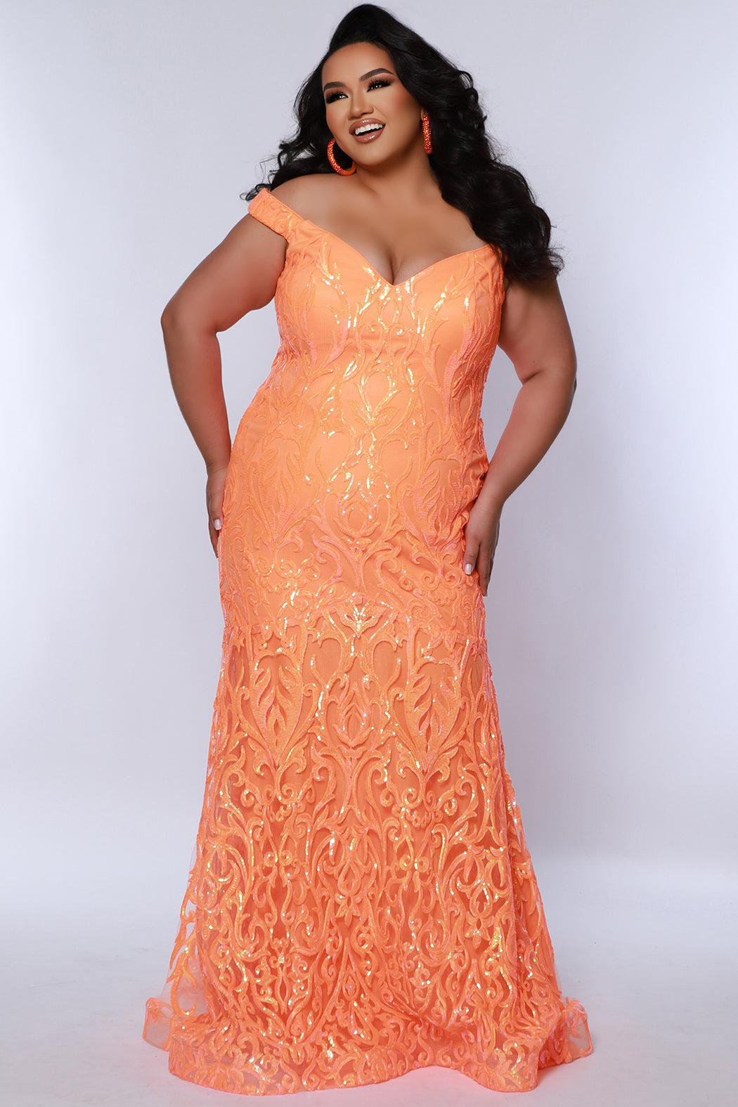 Tease Prom TE2411 Bright Orange. Off the shoulders, sweetheart neckline, fit and flair silhouette, tone on tone sequin detail all over. 