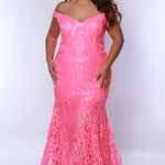 Tease Prom TE2411 Hot Pink. Off the shoulders, sweetheart neckline, fit and flair silhouette, tone on tone sequin detail all over. 