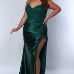 Tease Prom TE2413 Green. Ruched skirt into high slit with lave insert at top of slit, lace covered bodice with removable lining, double spaghetti straps. 