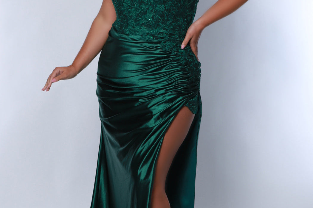 Tease Prom TE2413 Green. Ruched skirt into high slit with lave insert at top of slit, lace covered bodice with removable lining, double spaghetti straps. 
