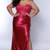 Tease Prom TE2413 Magenta. Ruched skirt into high slit with lace insert at top of slit, lace covered bodice with removable lining, double spaghetti straps.