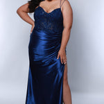 Tease Prom TE2413 Navy Ruched skirt into high slit with lace insert at top of slit, lace covered bodice with removable lining, double spaghetti straps.