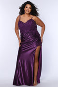 Tease Prom TE2413 Purple Plum. Ruched skirt into high slit with lace insert at top of slit, lace covered bodice with removable lining, double spaghetti straps.