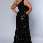 Tease Prom TE2414 Black. One shoulder, slim fitted,  all over sequin with floral applique embellishments on bodice