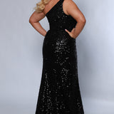 Tease Prom TE2414 Black. One shoulder, slim fitted,  all over sequin with floral applique embellishments on bodice