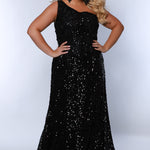 Tease Prom TE2414 black. One shoulder, slim fitted, all over sequin with floral applique embellishments on bodice,