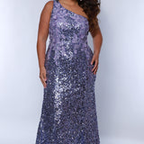 Tease Prom TE2414 Lilac. One shoulder, slim fitted all over sequin with floral applique embellishments on bodice  