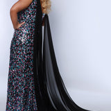 Tease Prom TE2415 Pink Multi. Bra friendly straps, v-neckline, natural waistline, mid thigh slit, all over pink and black sequins, black chiffon cape off high point of the shoulder.