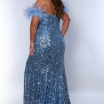 Tease Prom TE2417 Blue. Off the shoulder detachable feather straps, slim silhouette, all over sequin.