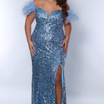Tease Prom TE2417 Blue. Off the shoulder detachable feather straps, slim silhouette, all over sequin. 