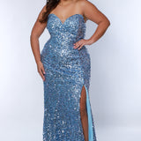 Tease Prom TE2417 Blue. Off the shoulder detachable feather straps, slim silhouette, all over sequin.