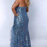 Tease Prom TE2419 Blue. Stretch sequin on net, Stretch knit lining, Sweetheart neckline, Strapless bodice, Natural waistline, Slim skirt with slit trimmed in Ostrich feathers, Sweep train.