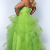 Tease prom TE2420 Lime Green. Tulle ruffles on a tiered skirt, exposed boning on bodice, strapless, ballgown.