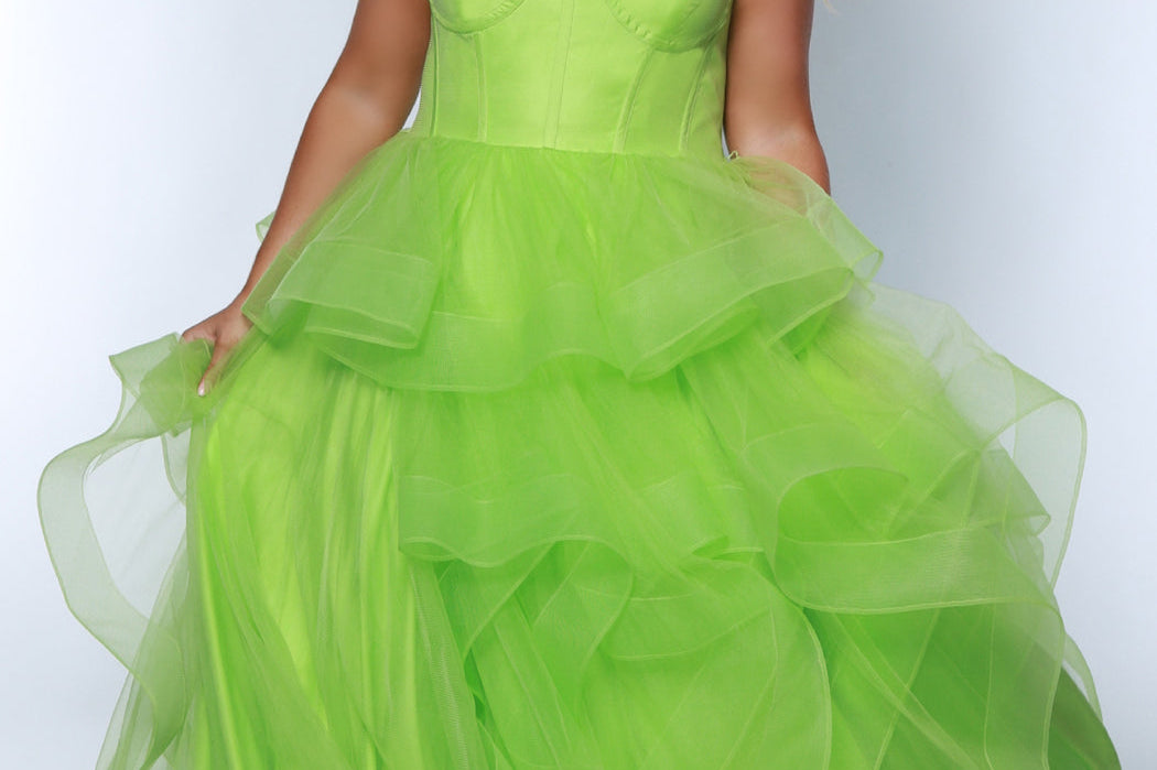 Tease prom TE2420 Lime Green. Tulle ruffles on a tiered skirt, exposed boning on bodice, strapless, ballgown. 